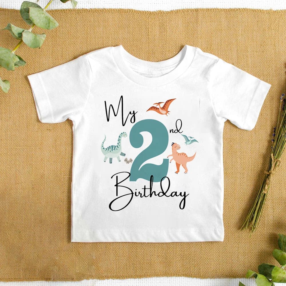 My 2nd Birthday Dinosaur Print Kids Shirt Boys 1-9 Years Birthday T-shirt Child Party Outfit Short Sleeve Tee Toddler Summer Top