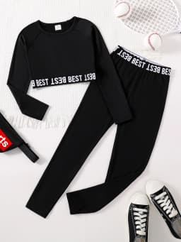 Children's clothing girls' fashion set with English printed round neck long sleeves and black slim fit pants 2-piece set