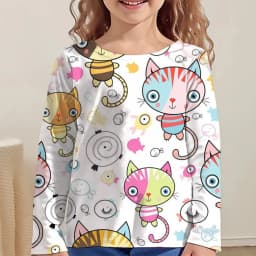 Girl Clothes Girl T-Shirt Kawail Animals Cats Print Long Sleeve Kids Autumn Clothes Fashion Casual Boy Girl Cute Round Neck Tops