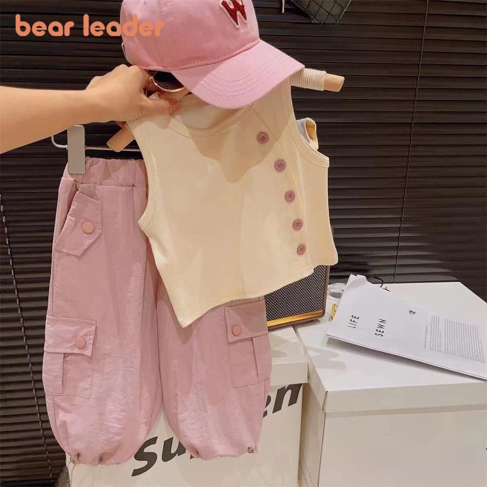 Bear Leader Summer Solid Color Girls Clothes 3-7 Years Button Decoration Sleeveless Vest+Pink Casual Pants Children's Set