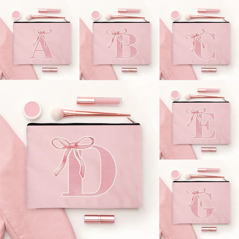 Pink Makeup Bags Initial Letter Cosmetic Zipper Pouch for Sister Girls Beauty School Graduation Travel Organizer Toiletries Bag