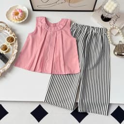 Bear Leader Khaki Vest+Striped Wide Leg Pants Summer Two-piece Set Daily Simple Sleeveless Children's Clothing for 3-7 Years Old
