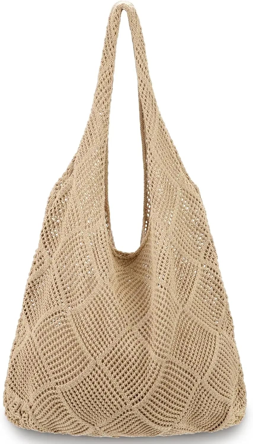 Women'S Crochet Foldable Woven Bag Summer Beach Handbag, Beautiful Hippie Knitted Bag Hollowed Out Retro Shoulder Bag