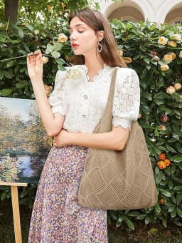 Women'S Crochet Foldable Woven Bag Summer Beach Handbag, Beautiful Hippie Knitted Bag Hollowed Out Retro Shoulder Bag