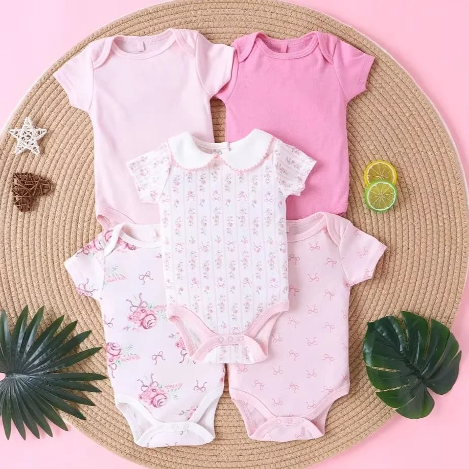 Girl Clothes 5PCS Baby Baby Girls Onesie Summer Cotton Fabric Short-Sleeved Jumpsuit Newborn Baby Clothes 0-9 Months