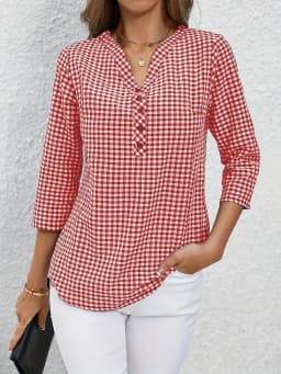 Plus Size Spring Autumn Women Fine Plaid Fashion Long Sleeve V-Neck Blouse Slim Fit Temperament Top Belly Covering Small Shirts