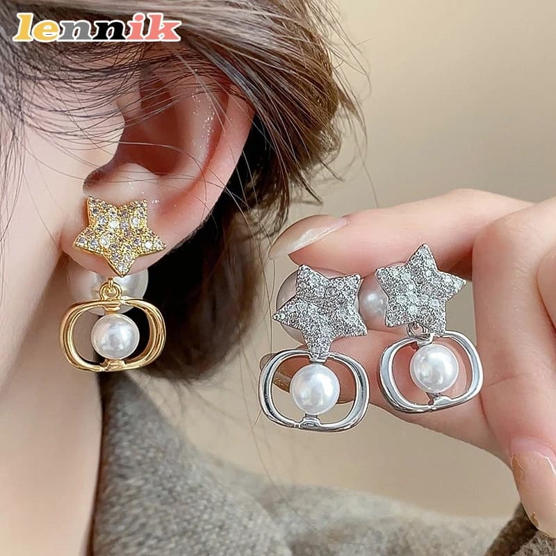 Lennik Exquisite Fashion Zircon Star 925 Sterling Silver Stud Earrings, Faux Pearl Luxury Design, Versatile for Daily/Party,