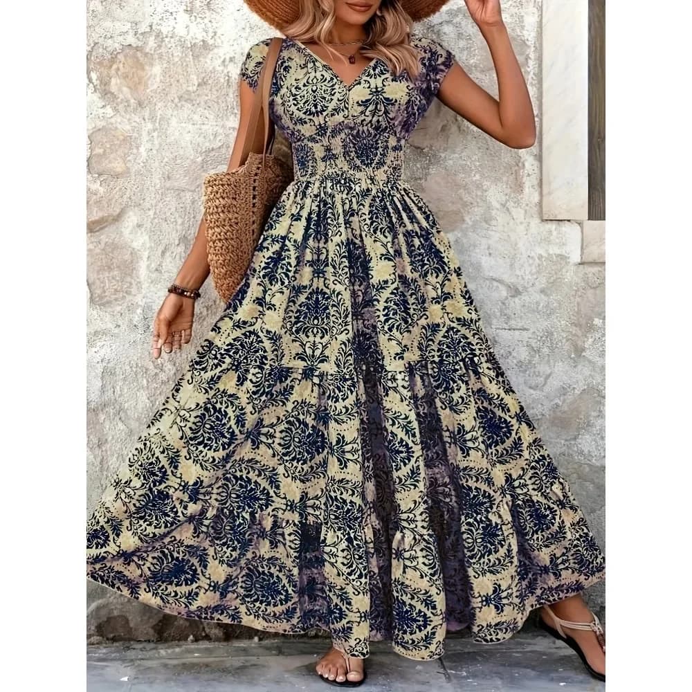 Plus Size Women's Bohemian Floral Print V-Neck Short Sleeve Dress Oversized Ruffled Skirt For Women Casual A-line Long Dresses