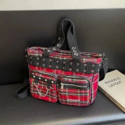 PU CHAINS Zipper Shoulder Bag Buckle Decorative Casual Women's Bags on Sale 2026 New Plaid Locomotive Style Women's Handbags