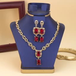 Morocco Style Necklace Earring Set For Women Luxury Arabic Red Green Crystal Square Pendant Neck Chian Bridal Jewelry
