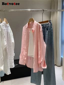 Botvotee Women's White Linen Shirt Lightweight Long Sleeve Elegant Oversize Blouse Vintage Spring Summer Tops Cotton Linen Shirt