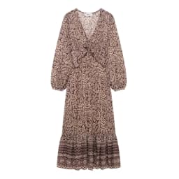 2025 Spring New Product Women's Stacked Decorative Printed V-neck Midi Dress Fashion Retro Pattern Printed Skirt