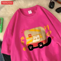 The Little Cat Covered By A Bagcotton Womens T-Shirts Cartoons Printed T Shirts Loose O-Neck Soft Tops Summer Casual Clothes