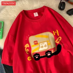 The Little Cat Covered By A Bagcotton Womens T-Shirts Cartoons Printed T Shirts Loose O-Neck Soft Tops Summer Casual Clothes