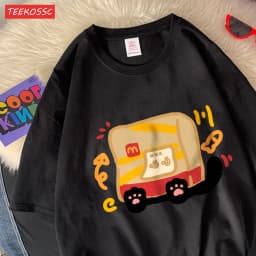 The Little Cat Covered By A Bagcotton Womens T-Shirts Cartoons Printed T Shirts Loose O-Neck Soft Tops Summer Casual Clothes