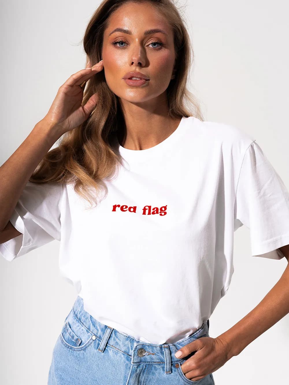 Red Flag Oversized T-Shirt Letter Print Women's T-Shirt Cotton Simple Design Summer Fashion Tee Boutique Drop Sleeve