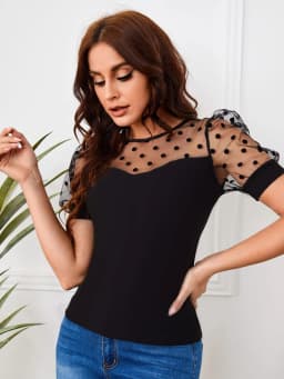 2024 spring and summer Europe and America new women's mesh polka dot stitching collage comfortable casual crew neck short-sleeve
