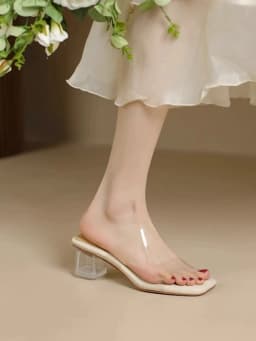 New Soft Padded Crystal Heeled Mules Woman Transparent Sandals Ladies Fashion Slip-on Square Toe Low Heel Clear Slipper Shoes