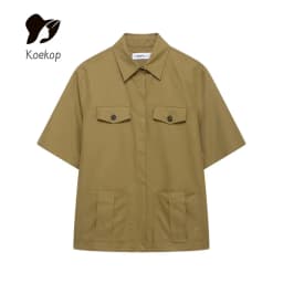 Koekop Women's Fashion Solid Color Lapel Pocket Embellished Shirt and Vintage Casual Women's Funky Ladies Pleated Shorts