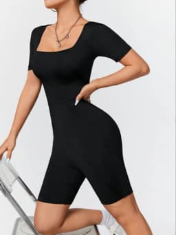 Women's Jumpsuit Suitable For All Seasons Slim Fit Simple Knit High Elasticity Square Neck Short Sleeved Top And Shorts Jumpsuit