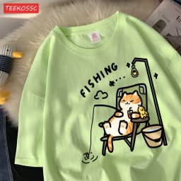 The Kitten Is Fishingcotton Women T-Shirts Cartoons Printing T Shirts Loose O-Neck Soft Short Sleeve Tops Summer Woman Clothes