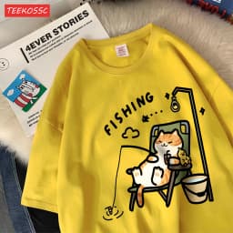 The Kitten Is Fishingcotton Women T-Shirts Cartoons Printing T Shirts Loose O-Neck Soft Short Sleeve Tops Summer Woman Clothes