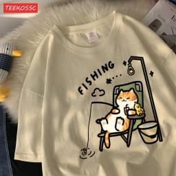The Kitten Is Fishingcotton Women T-Shirts Cartoons Printing T Shirts Loose O-Neck Soft Short Sleeve Tops Summer Woman Clothes