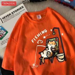 The Kitten Is Fishingcotton Women T-Shirts Cartoons Printing T Shirts Loose O-Neck Soft Short Sleeve Tops Summer Woman Clothes