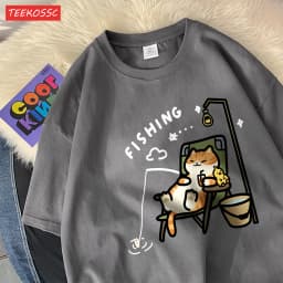 The Kitten Is Fishingcotton Women T-Shirts Cartoons Printing T Shirts Loose O-Neck Soft Short Sleeve Tops Summer Woman Clothes