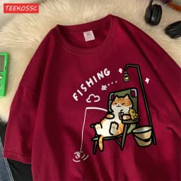 The Kitten Is Fishingcotton Women T-Shirts Cartoons Printing T Shirts Loose O-Neck Soft Short Sleeve Tops Summer Woman Clothes