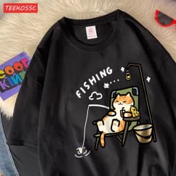 The Kitten Is Fishingcotton Women T-Shirts Cartoons Printing T Shirts Loose O-Neck Soft Short Sleeve Tops Summer Woman Clothes