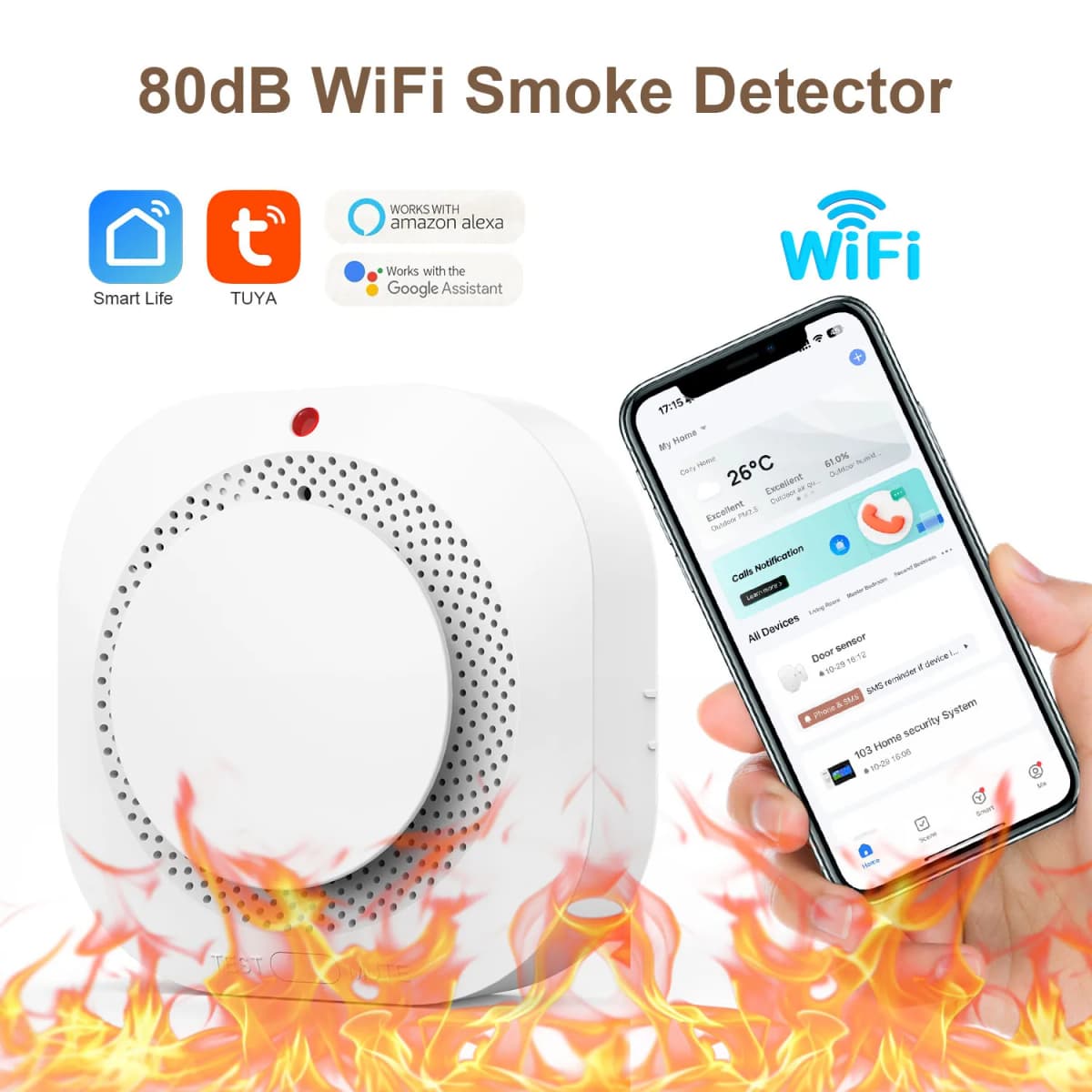 WiFi Fire Protection Smoke Sensor Alarm Detector Smart Life app and Tuya Smart app Control work with Alexa and Google assistant