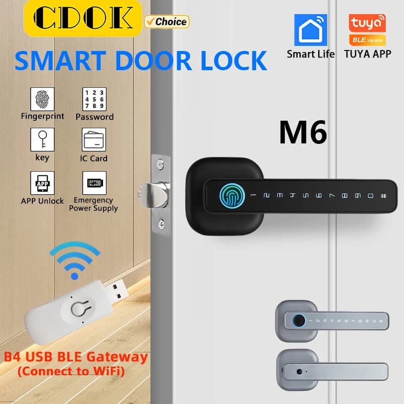 CDOK 2025 M6 Tuya Bluetooth Smart Lock - Fingerprint & Password Door Lock with Multiple Unlocking Methods
