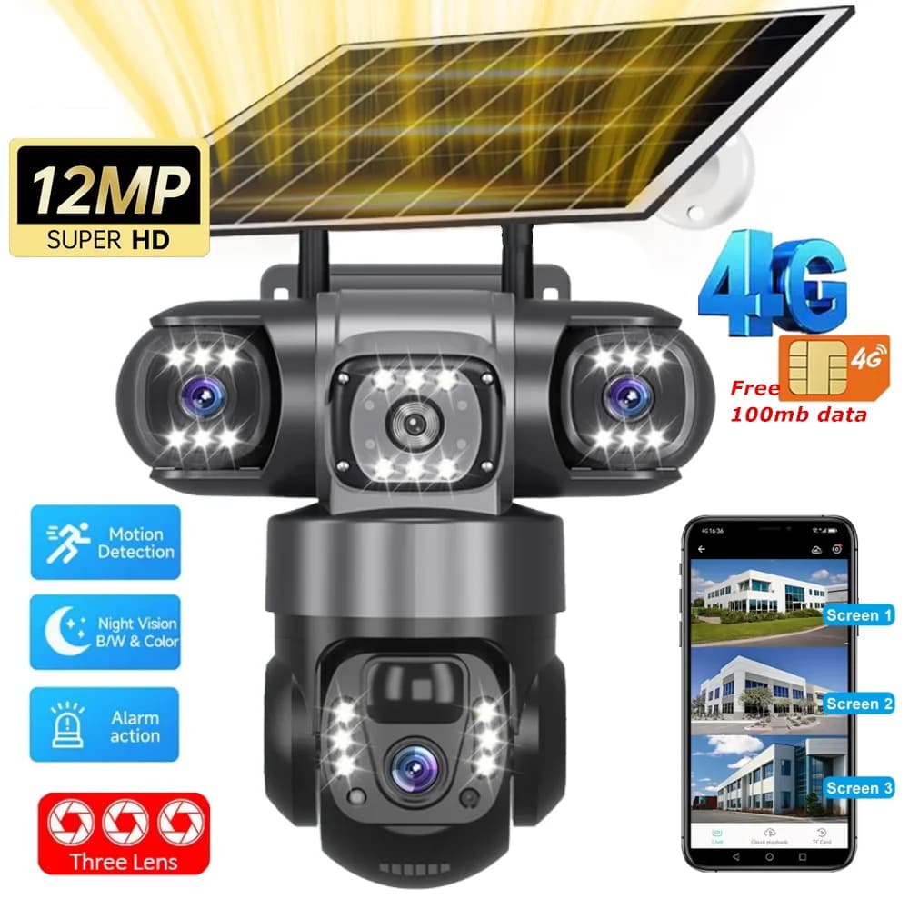 V380 Pro 12MP 10X Zoom Triple Lens 4G Solar Camera Outdoor Three Screen PIR Motion Detection Security Surveillance CCTV Cameras