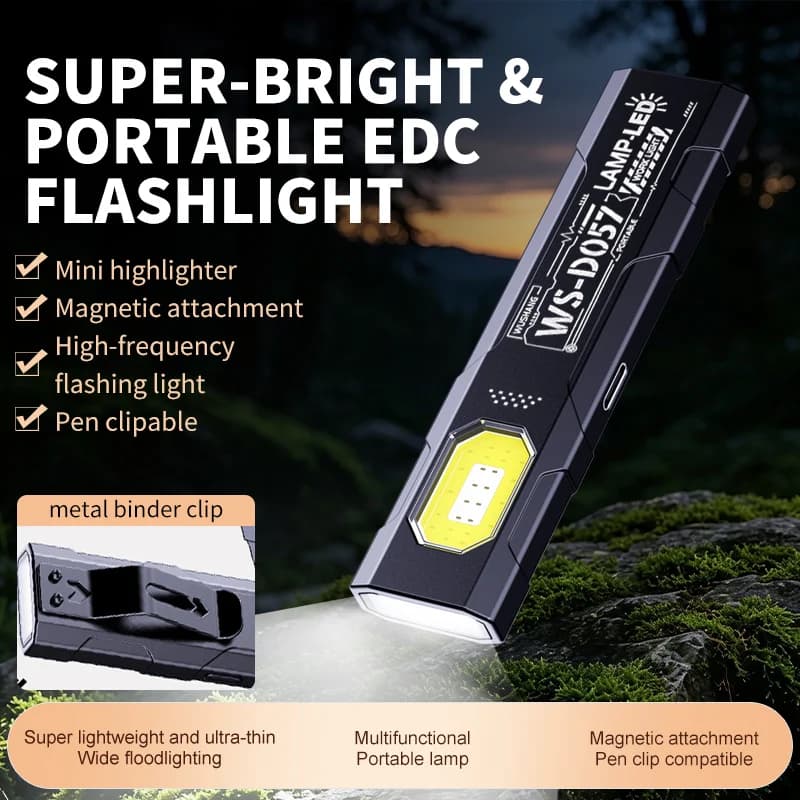 Portable COB Work Flashlight With Clip, Type‑C Rechargeable Emergency Torch, 5 Lighting Modes, Handheld Pocket Light For Camping