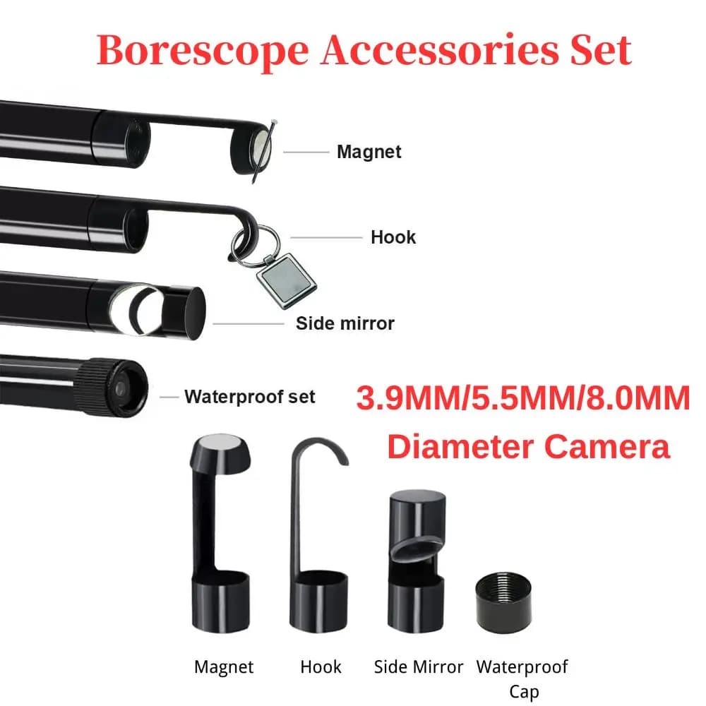 Borescope Accessories,Hook Magnet Side View Mirror Protective Cap Set for 3.9mm 5.5mm 8mm Lens Endoscope Camera