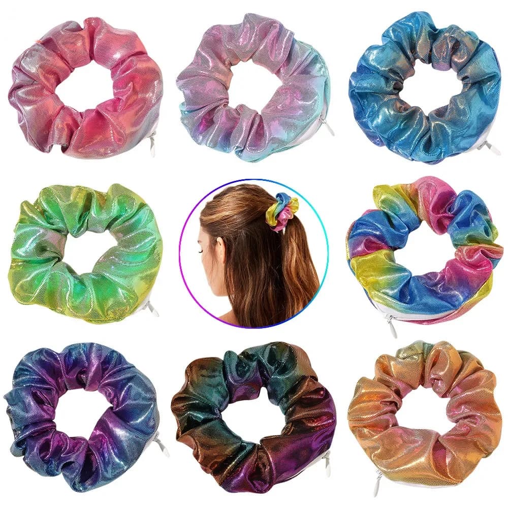 Hidden Safe Hair Tie Laser Cloth Rainbow Hair Scrunchie Hidden Storage Compartment With Zip Stash Pocket Woman Travel Safe