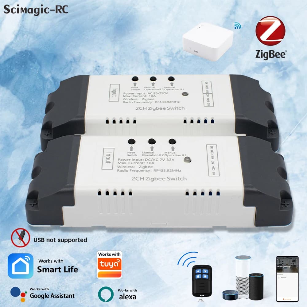 Zigbee Dry Contact Smart Switch 1/2CH Garage Door Opener Din Rail Relay Board RF433 Module 12V 24V 230V Works with Tuya Alexa
