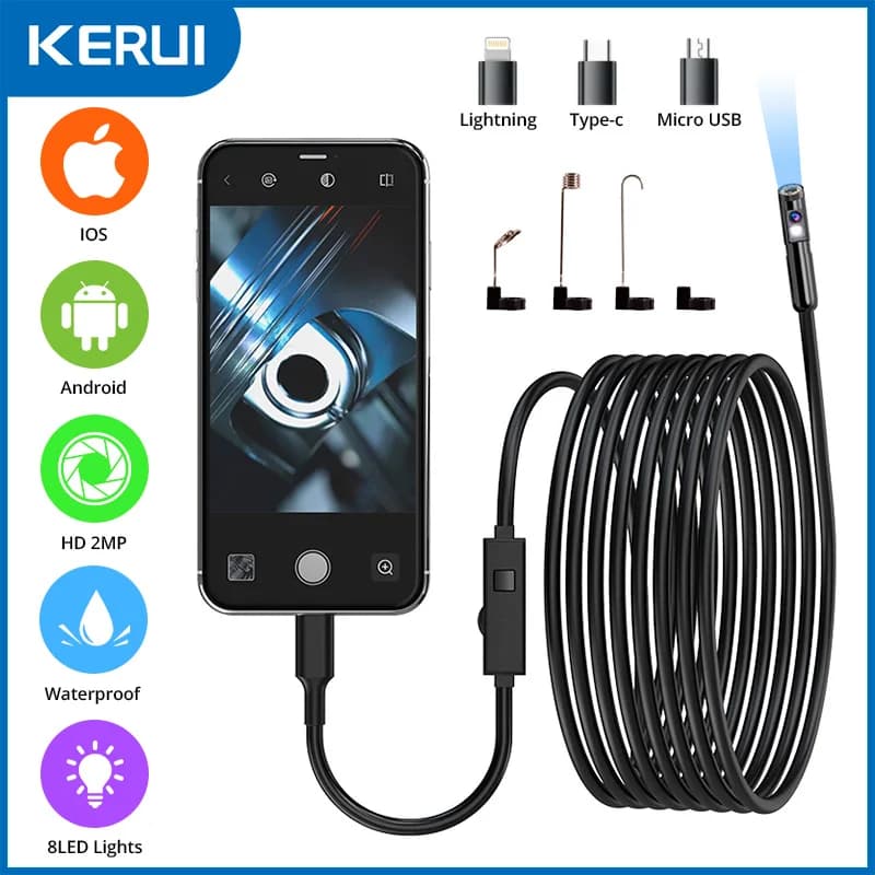 KERUI 8mm 2MP Endoscope Automotive Borescope Inspection Camera Dual/Single Lens for Iphone IOS Smart Phone Android Type C Cars