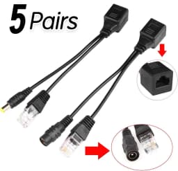 Passive PoE Injector and PoE Splitter Kit with RJ45 Ethernet and Power via DC 5.5x2.1 mm F/M Adaptor Connector 5 Pairs