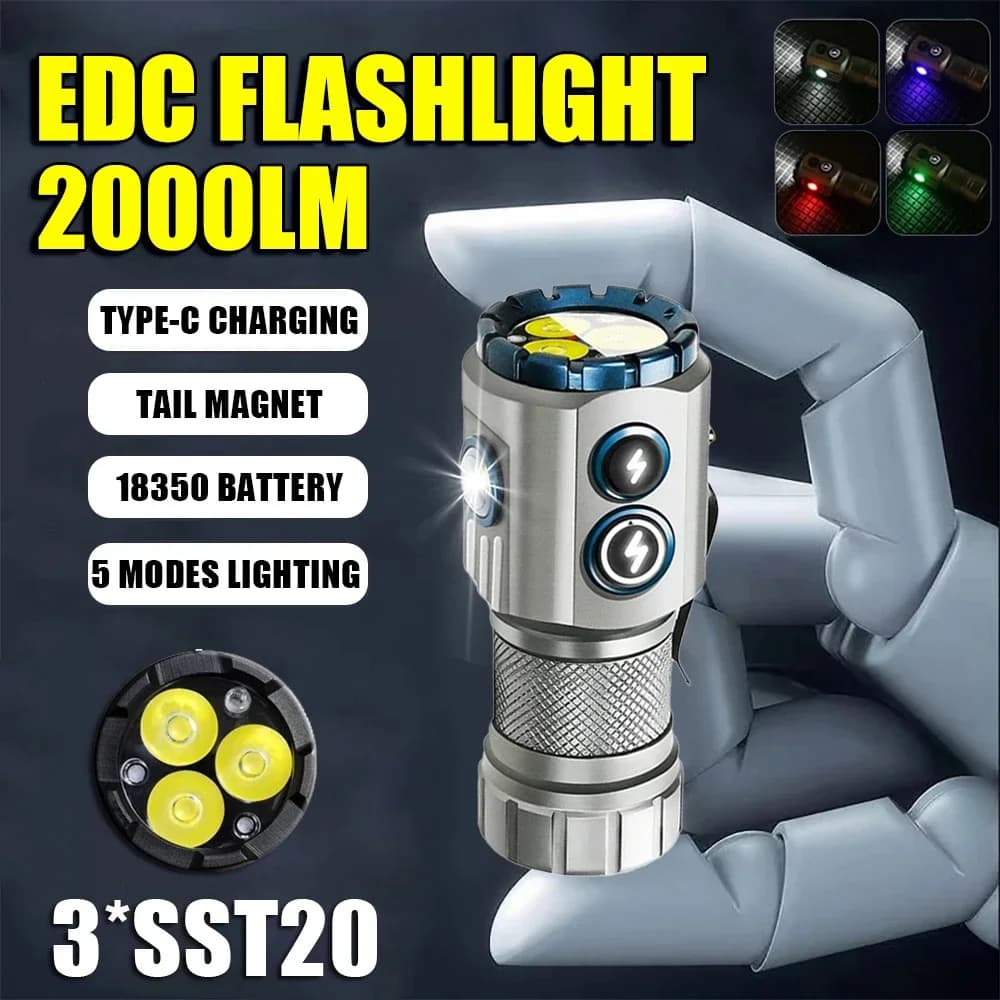 Mini EDC Flashlight 2000LM 18350 Battery USB Rechargeable LED Flashlight with Tail Magnet RGB Side Lamp Camping Emergency Lamp