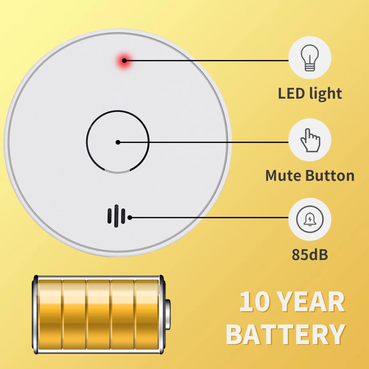 V-COME Standalone Smoke Detector with 10-Year Lithium Battery, Photoelectric Smoke Alarm, CE, UKCA, DIN EN 14604, VS02