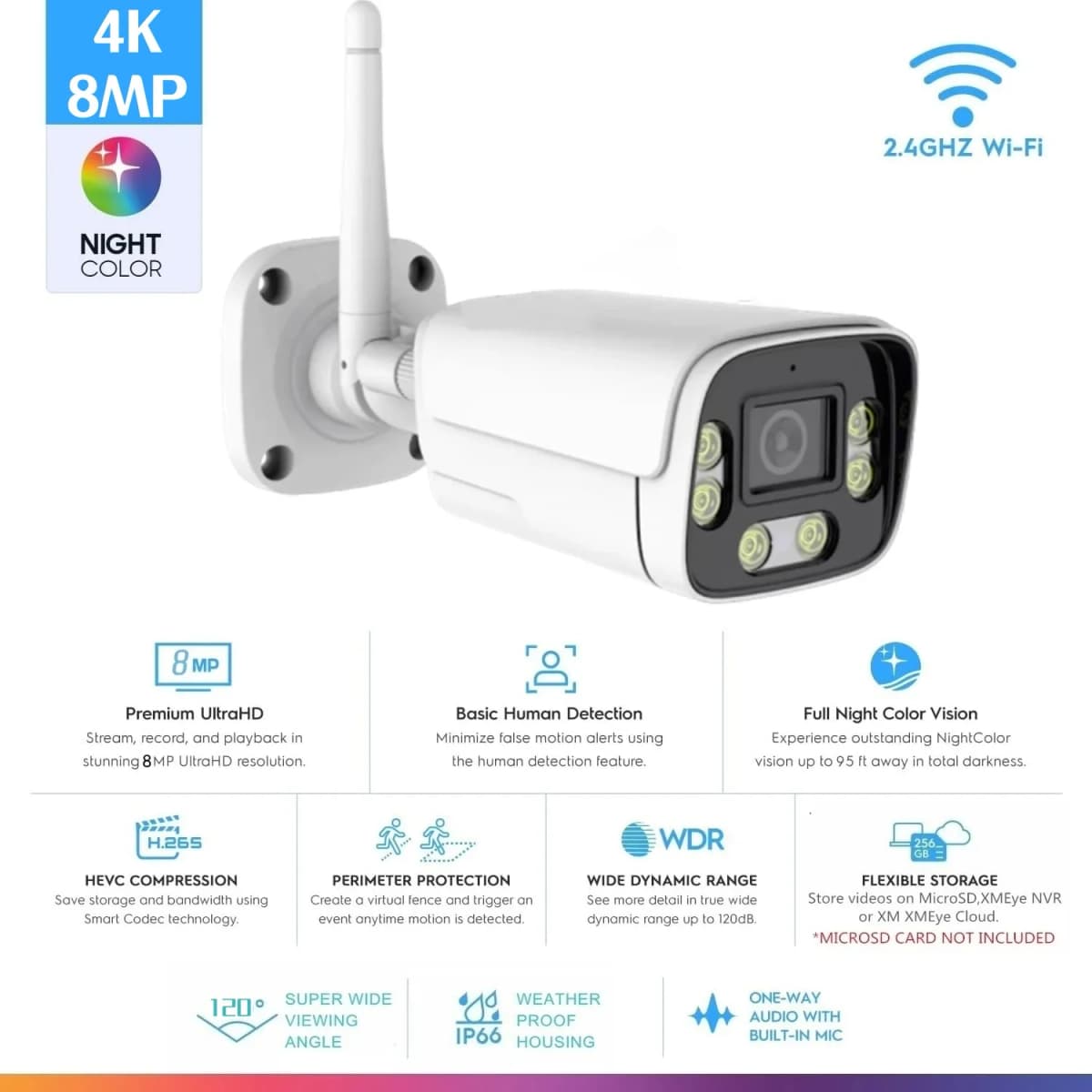 ICsee 4K 8MP Wireless Outdoor Security Wifi AI Camera 98ft NightColor Human Detection Bullet Waterproof IP Camera H.265 2.8mm