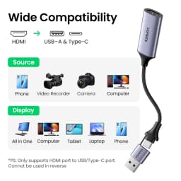 UGREEN Video Capture Card 4K HDMI to USB/Type-c Video Grabber for PC Computer Camera Gaming Live Streaming Video Recorder
