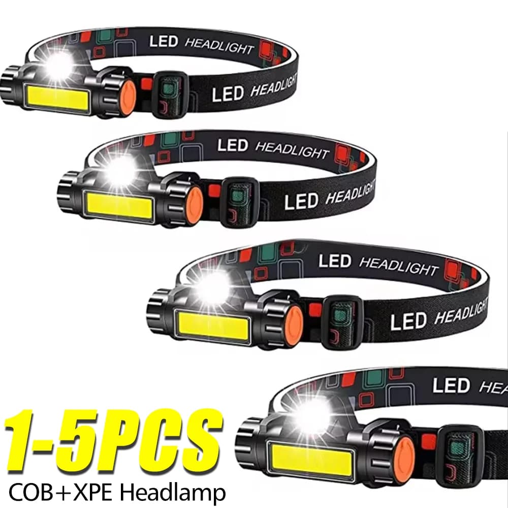 1-5PCS Portable Mini Powerful LED Headlamp XPE+COB USB Rechargeable Hunting Headlight Waterproof Head Torch with Tail Magnetic