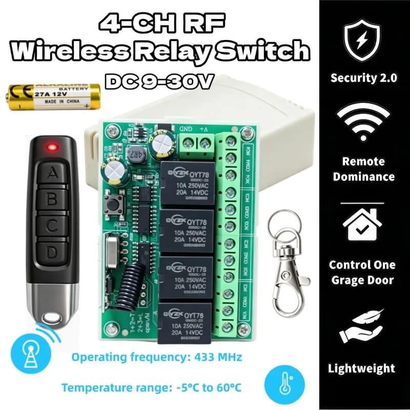 Wireless Remote Control DC 6V 12V 24V 30V 4CH RF Relay Receiver and 433MHZ Transmitter for Garage/Light/Motor/Home Appliance