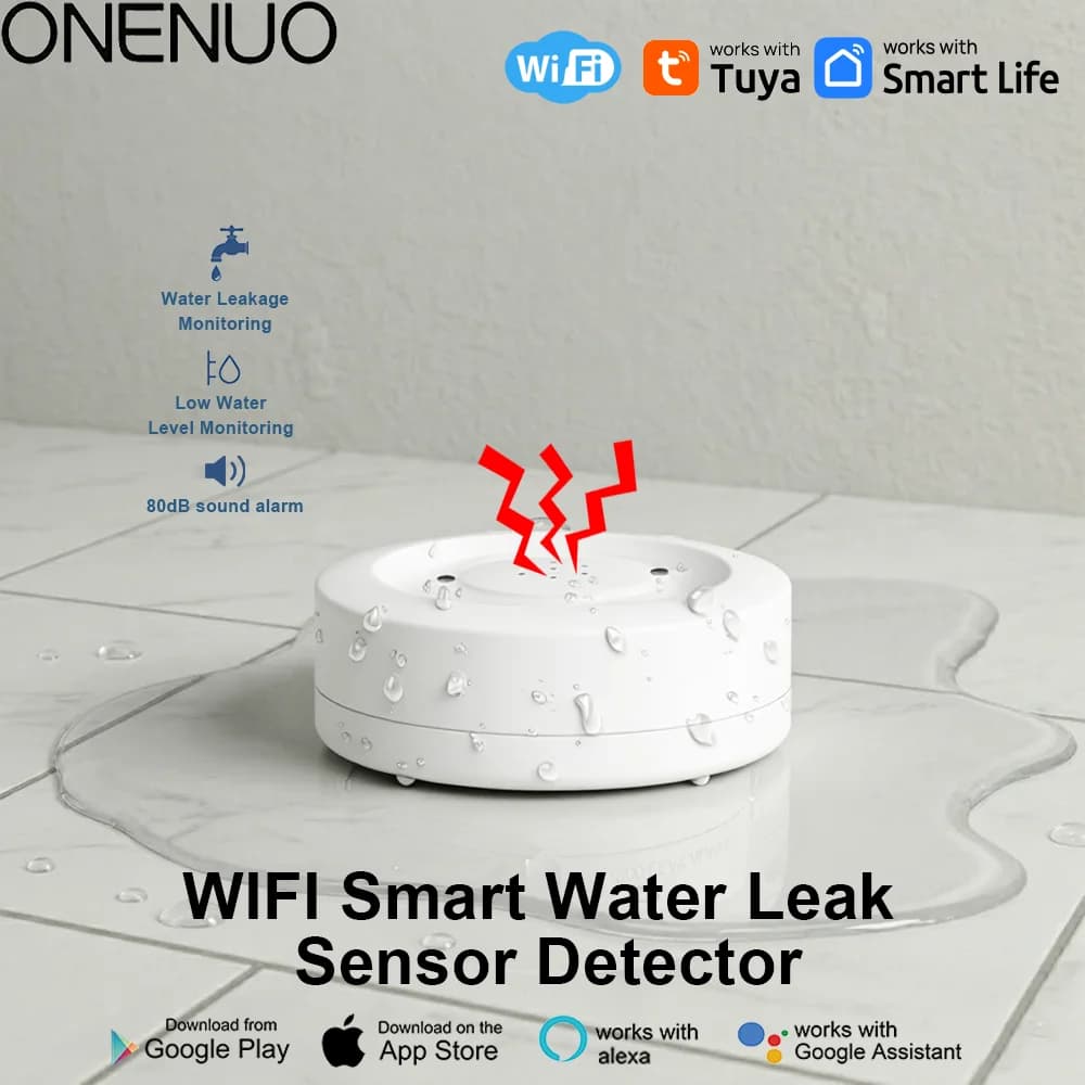 ONENUO WiFi IP55 Waterproof Water Leak Detector Tuya Water Flood Alarm Sensor with 80dB Sound Smart Life APP Remote Control