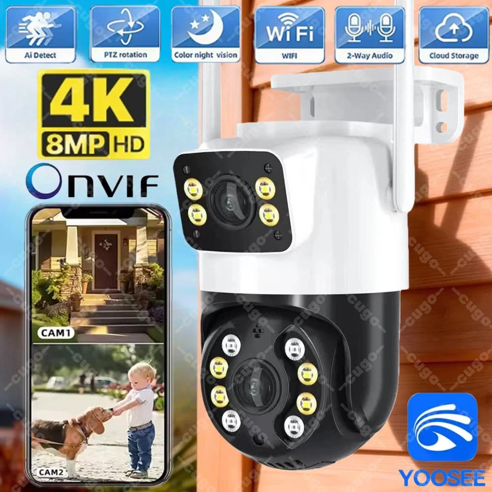 4K 8MP Wireless Security WIFI Camera Dual Lens Outdoor External Wifi PTZ Cameras Auto Tracking Street Surveillance IP Cam Yoosee