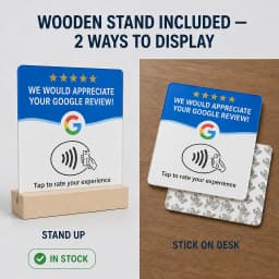4-pack Acrylic NFC Google Review Card 12x12cm with Wooden Stand Tap to Leave 5-Star Review Sign for Tabletop Counter Display