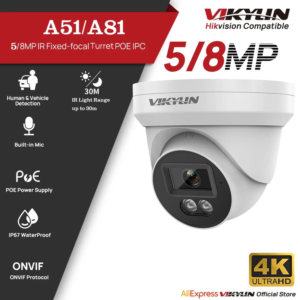 VIKYLIN 5/8MP HD IP Security Camera Poe 4K IR Light Audio Fixed Camera Human Vehicle Detection Support SD Storage ONVIF IP67